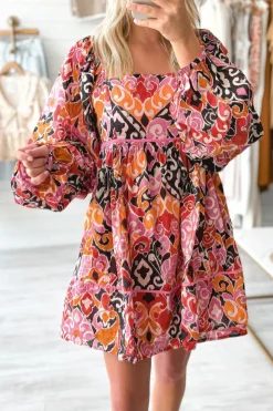 Online Dear-Lover Bohemian Square Neck Puff Sleeve Mini Dress Pink