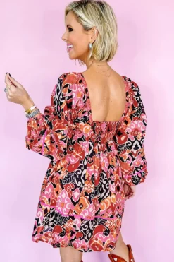 Online Dear-Lover Bohemian Square Neck Puff Sleeve Mini Dress Pink