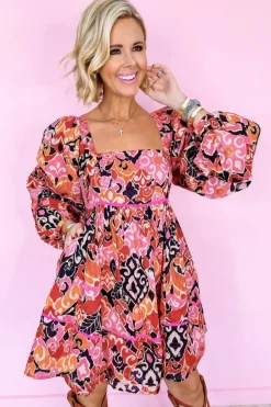 Online Dear-Lover Bohemian Square Neck Puff Sleeve Mini Dress Pink