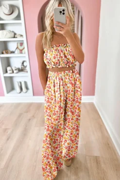 Fashion Dear-Lover Boho Floral Bandeau Top and High Waist Wide Leg Pants Set Pink