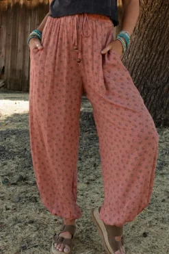 Clearance Dear-Lover Boho Floral Printed Wide Leg Jogger Pants Pink