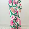 Hot Dear-Lover Boho Floral Printed Long Sleeve Buttoned Loose Maxi Dress Pink