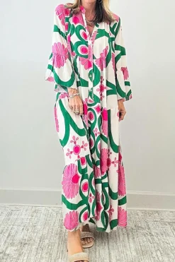Hot Dear-Lover Boho Floral Printed Long Sleeve Buttoned Loose Maxi Dress Pink