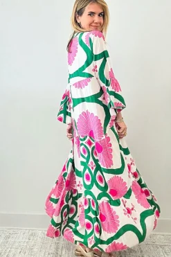Hot Dear-Lover Boho Floral Printed Long Sleeve Buttoned Loose Maxi Dress Pink