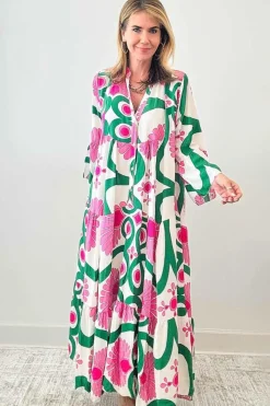 Hot Dear-Lover Boho Floral Printed Long Sleeve Buttoned Loose Maxi Dress Pink