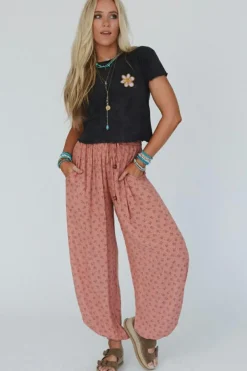 Clearance Dear-Lover Boho Floral Printed Wide Leg Jogger Pants Pink