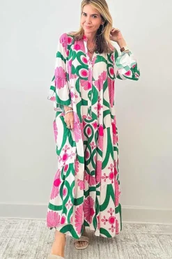 Hot Dear-Lover Boho Floral Printed Long Sleeve Buttoned Loose Maxi Dress Pink
