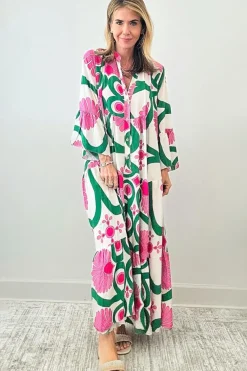 Hot Dear-Lover Boho Floral Printed Long Sleeve Buttoned Loose Maxi Dress Pink