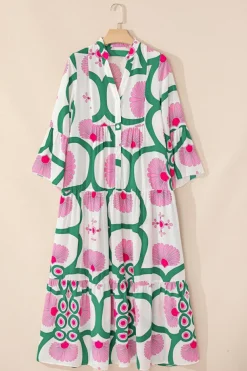 Hot Dear-Lover Boho Floral Printed Long Sleeve Buttoned Loose Maxi Dress Pink