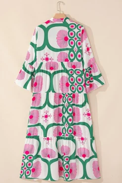 Hot Dear-Lover Boho Floral Printed Long Sleeve Buttoned Loose Maxi Dress Pink