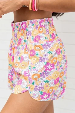 Discount Dear-Lover Boho Floral Shirred High Waist Casual Shorts Pink