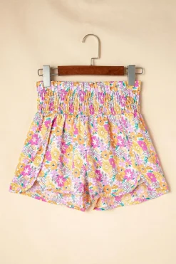 Discount Dear-Lover Boho Floral Shirred High Waist Casual Shorts Pink