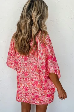 New Dear-Lover Boho Floral V Neck Kimono Style Blouse Pink