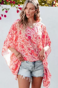 New Dear-Lover Boho Floral V Neck Kimono Style Blouse Pink