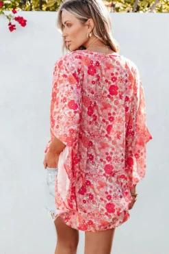New Dear-Lover Boho Floral V Neck Kimono Style Blouse Pink