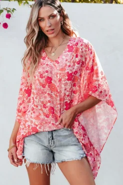 New Dear-Lover Boho Floral V Neck Kimono Style Blouse Pink