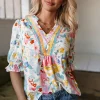 Outlet Dear-Lover Boho Flower Print Half Puff Sleeve Blouse Pink