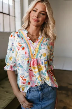 Outlet Dear-Lover Boho Flower Print Half Puff Sleeve Blouse Pink