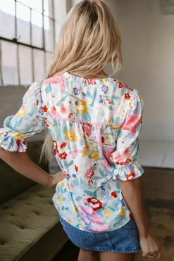 Outlet Dear-Lover Boho Flower Print Half Puff Sleeve Blouse Pink