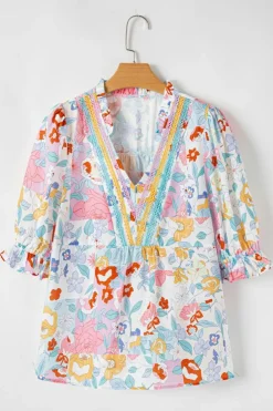 Outlet Dear-Lover Boho Flower Print Half Puff Sleeve Blouse Pink