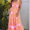 Online Dear-Lover Boho Gingham Tied Straps Smocked Maxi Dress Pink