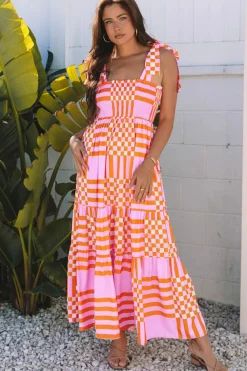 Online Dear-Lover Boho Gingham Tied Straps Smocked Maxi Dress Pink