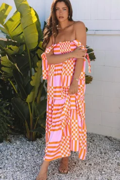 Online Dear-Lover Boho Gingham Tied Straps Smocked Maxi Dress Pink
