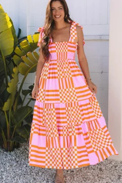 Online Dear-Lover Boho Gingham Tied Straps Smocked Maxi Dress Pink