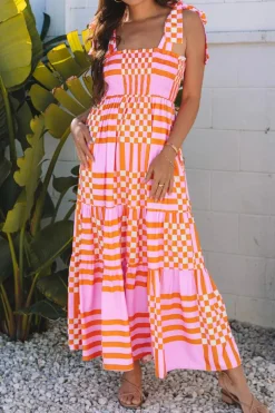 Online Dear-Lover Boho Gingham Tied Straps Smocked Maxi Dress Pink