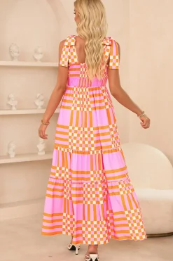 Online Dear-Lover Boho Gingham Tied Straps Smocked Maxi Dress Pink