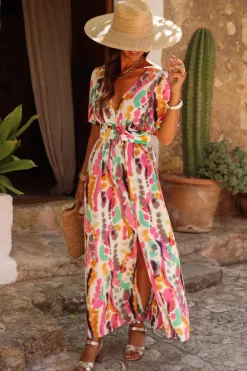 Clearance Dear-Lover Boho Tie-dye Print V Neck Maxi Dress Pink
