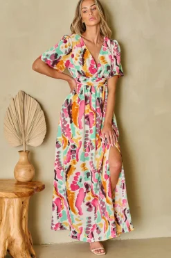 Clearance Dear-Lover Boho Tie-dye Print V Neck Maxi Dress Pink