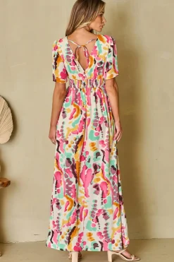 Clearance Dear-Lover Boho Tie-dye Print V Neck Maxi Dress Pink