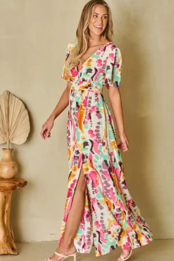 Clearance Dear-Lover Boho Tie-dye Print V Neck Maxi Dress Pink