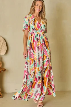 Clearance Dear-Lover Boho Tie-dye Print V Neck Maxi Dress Pink