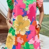 New Dear-Lover Bold Floral Flutter Sleeve Shift Mini Dress with Pockets Pink
