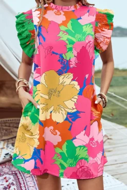 New Dear-Lover Bold Floral Flutter Sleeve Shift Mini Dress with Pockets Pink