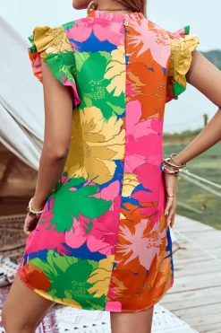 New Dear-Lover Bold Floral Flutter Sleeve Shift Mini Dress with Pockets Pink