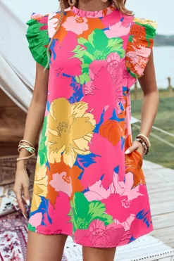 New Dear-Lover Bold Floral Flutter Sleeve Shift Mini Dress with Pockets Pink