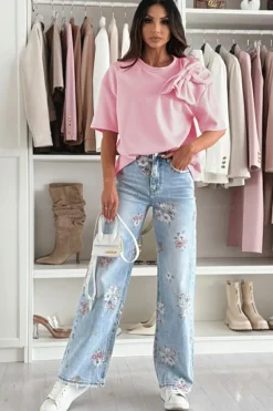 Outlet Dear-Lover Bow Applique Half Sleeve T-shirt Pink