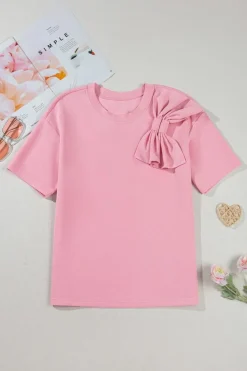 Outlet Dear-Lover Bow Applique Half Sleeve T-shirt Pink