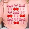 Sale Dear-Lover Bow Cherry Print Crew Neck Casual T Shirt Pink