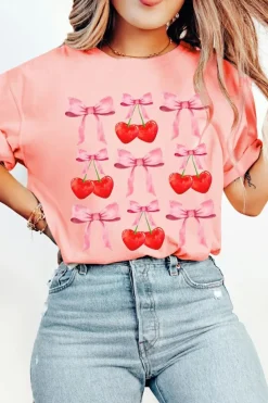 Sale Dear-Lover Bow Cherry Print Crew Neck Casual T Shirt Pink