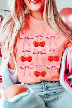 Sale Dear-Lover Bow Cherry Print Crew Neck Casual T Shirt Pink