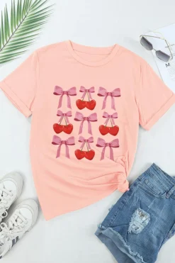 Sale Dear-Lover Bow Cherry Print Crew Neck Casual T Shirt Pink