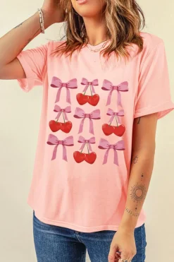 Sale Dear-Lover Bow Cherry Print Crew Neck Casual T Shirt Pink