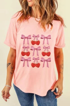 Sale Dear-Lover Bow Cherry Print Crew Neck Casual T Shirt Pink