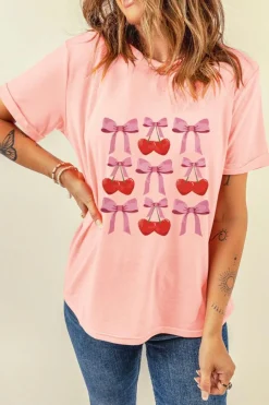 Sale Dear-Lover Bow Cherry Print Crew Neck Casual T Shirt Pink