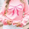 Discount Dear-Lover Bow Graphic Drop Shoulder Round Neck Sweater Pink