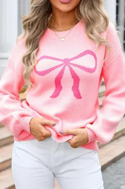 Discount Dear-Lover Bow Graphic Drop Shoulder Round Neck Sweater Pink